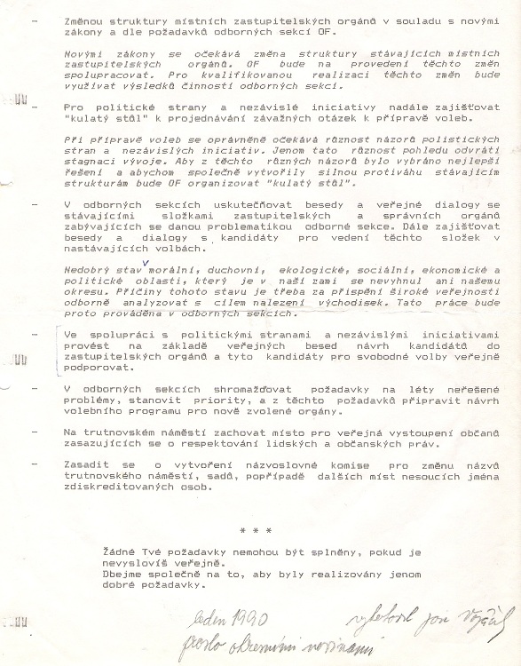 Program OF TU leden 1990 -2 ;Dokumenty OF Trutnov